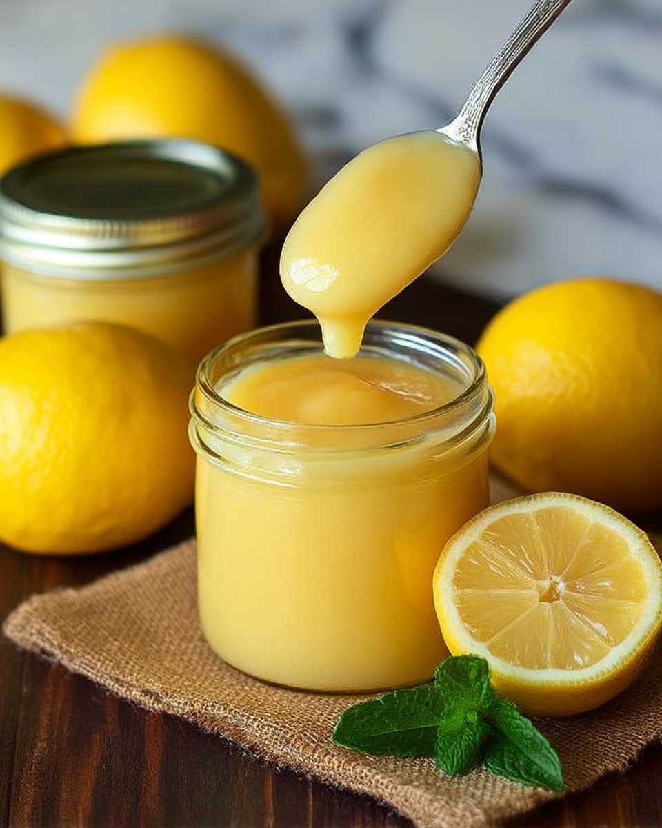 The image shows a small glass jar filled with thick, pale yellow lemon curd. A spoon, held above the jar, scoops out a smooth, creamy dollop of the lemon curd. Behind the jar, there is another jar filled with the same lemon curd. Two whole bright yellow lemons and a halved lemon with a fresh, juicy inside rest near the jars. A green mint leaf adds a touch of color on the side. The jars and lemons are placed on a textured brown cloth over a dark wooden table with a white marbled background. photo taken with an iphone --ar 4:5 --v 7