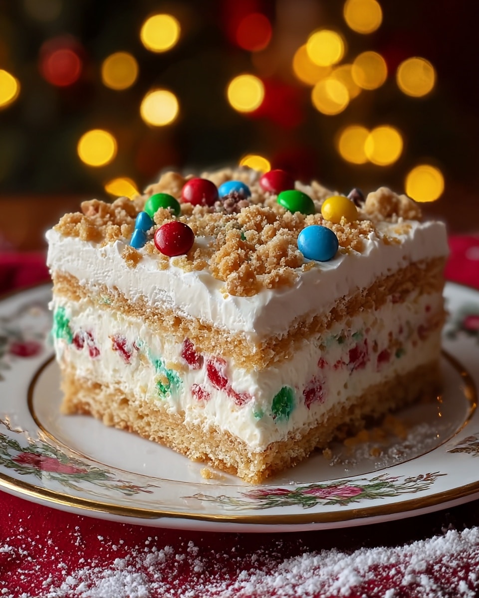 A square piece of layered dessert on a white plate with a detailed floral and gold rim, placed on a red cloth with powdered white sugar scattered around. The dessert has four visible layers: the bottom and third layers are light, crumbly cake with a tan color; the second layer is thick and creamy white frosting mixed with red, green, and blue candy-coated chocolate pieces; and the top layer is a thick smooth white frosting covered with crumbled tan cake and more colorful candy pieces scattered on top. The background shows blurry warm yellow and red lights creating a cozy, festive mood. photo taken with an iphone --ar 4:5 --v 7
