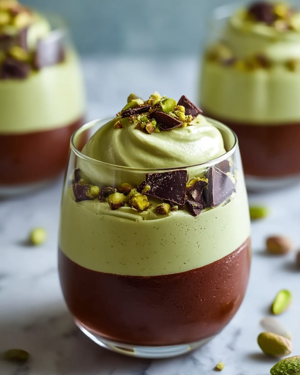 The image shows a dessert in a clear glass with two visible layers. The bottom layer is thick and dark brown, smooth in texture, filling about two-thirds of the glass. On top of this is a thick, creamy pale green layer, swirled and slightly glossy, sitting in a dome shape over the brown base. The green layer is sprinkled with irregular dark brown chocolate pieces and small green pistachio nuts. In the background, there are other similar glasses slightly blurred, placed on a white marbled surface. photo taken with an iphone --ar 4:5 --v 7