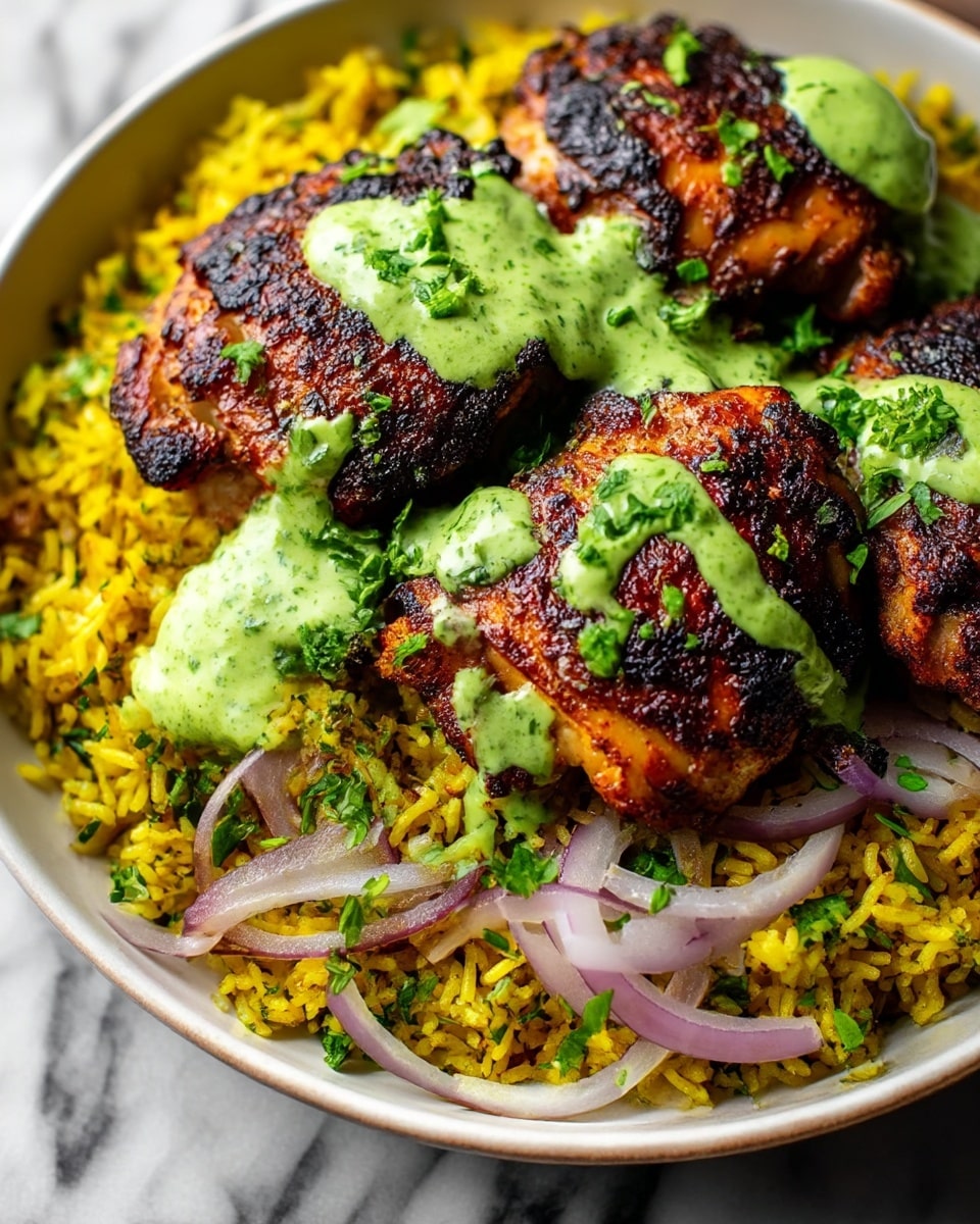A white bowl filled with a bottom layer of yellow spiced rice mixed with chopped green herbs and thin slices of light purple onions scattered throughout. On top, there are three pieces of charred, grilled chicken thighs with a crispy, dark brown and reddish crust. Bright green creamy sauce is drizzled generously over the chicken, with small bits of chopped green herbs sprinkled on top for garnish. The bowl sits on a white marbled surface, and the close-up shot focuses on the rich colors and textures of the food. photo taken with an iphone --ar 4:5 --v 7
