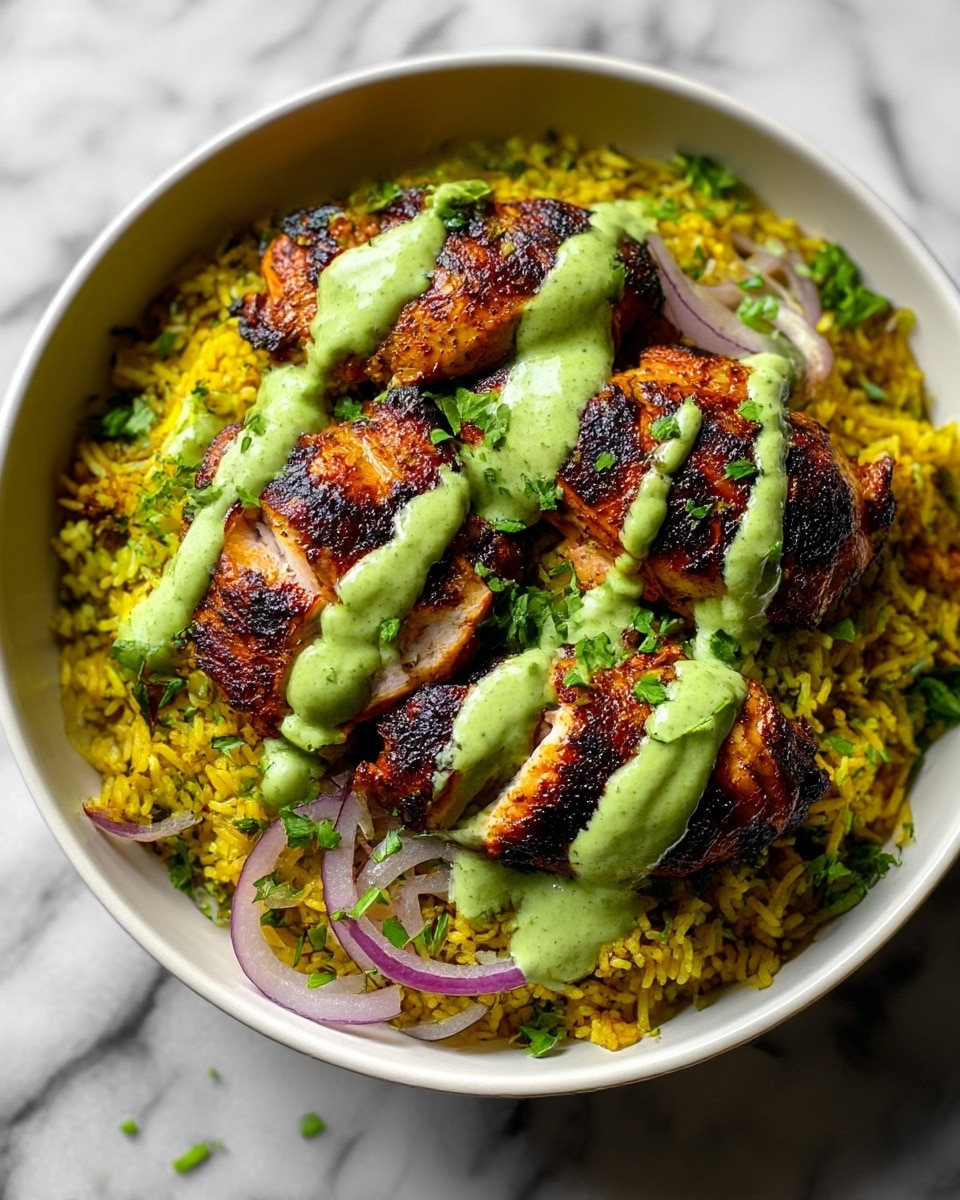 A white bowl filled with a base layer of yellow rice mixed with green herbs and thinly sliced purple onions. On top of the rice are three pieces of grilled chicken with dark char marks and a rich brown color. A creamy green sauce is drizzled over the chicken, adding a smooth texture and bright color contrast. Small chopped green herbs are sprinkled over the whole dish, enhancing its fresh look. The bowl rests on a white marbled surface. photo taken with an iphone --ar 4:5 --v 7