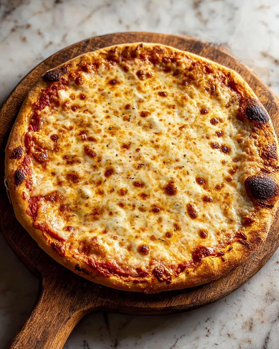A round pizza on a wooden pizza paddle with a thick golden-brown crust that is bubbly and slightly charred in spots. The pizza has one main layer covered with melted cheese that is creamy white with browned spots from baking, and underneath the cheese, a hint of reddish tomato sauce peeks out near the edges. The pizza rests on a wooden paddle, adding a rustic touch, all set against a white marbled texture background. photo taken with an iphone --ar 4:5 --v 7