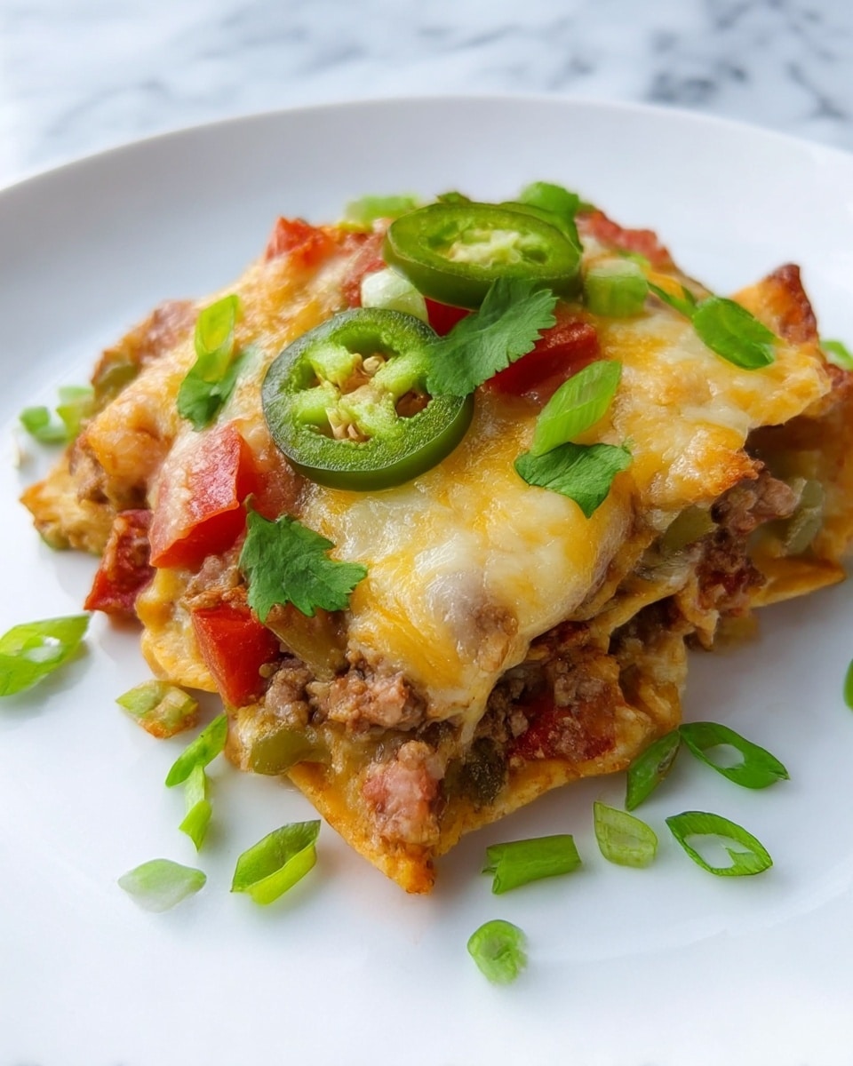 The dish shows a single layered portion of baked nachos on a white plate. The base layer consists of crispy tortilla chips topped with seasoned ground meat mixed with diced tomatoes and green peppers, visible between the chips. Over this is a golden-brown melted cheese layer that is slightly bubbly and covers the nachos unevenly. On top of the melted cheese are green chili slices, fresh cilantro leaves, and chopped green onions scattered around, adding fresh green color. The whole dish sits on a white marbled texture background. photo taken with an iphone --ar 4:5 --v 7