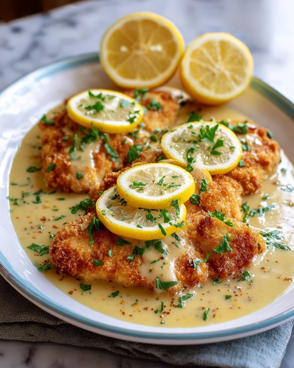 The image shows three pieces of golden brown, crispy fried chicken breasts arranged in a row on a white plate with a light blue rim. Each piece is topped with a bright yellow lemon slice and sprinkled with fresh green parsley. The chicken sits in a light beige creamy sauce that covers the bottom of the plate and is scattered with small bits of seasoning and parsley. Behind the chicken, two lemon halves are placed on the plate, adding a fresh citrus touch. The plate rests on a soft gray cloth, all set on a white marbled surface. photo taken with an iphone --ar 4:5 --v 7