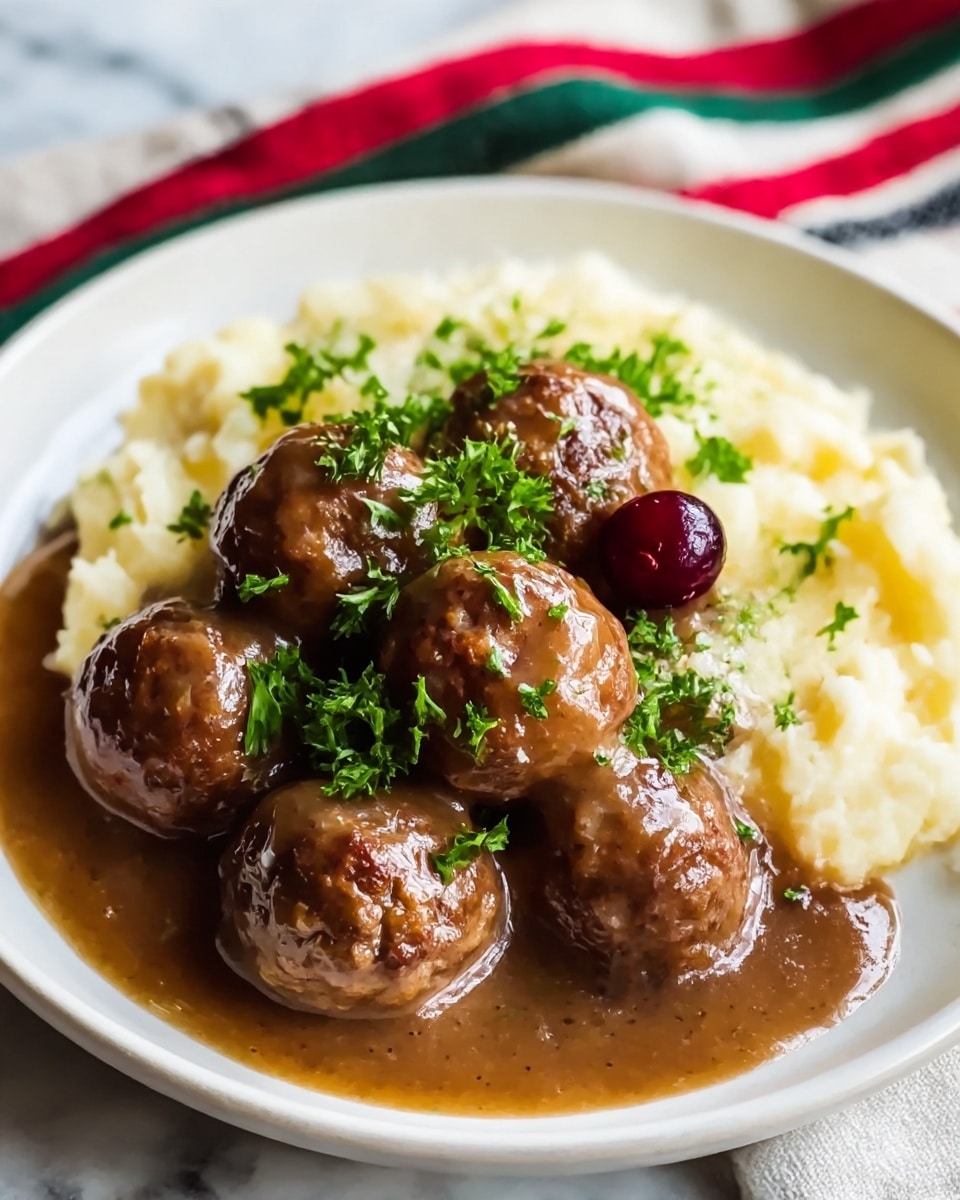 A white plate holds a serving of meatballs covered with a thick, smooth brown sauce, arranged in the front and center. The meatballs have a browned, slightly crispy texture on top. Behind the meatballs, there is a pile of soft, fluffy ivory mashed potatoes. Bright green chopped parsley is sprinkled over the meatballs and sauce, and a single glossy dark red berry sits near the center, adding a pop of color. The plate is set on a white marbled surface partly covered with a cloth featuring red, green, and black stripes. Photo taken with an iphone --ar 4:5 --v 7