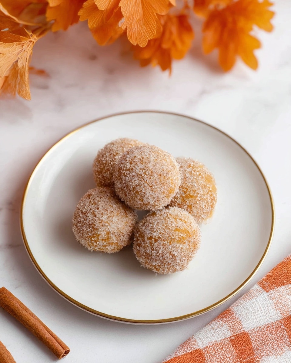 A white round plate with a gold rim holding five round doughnut holes covered in a light brown sugar coating, creating a textured and slightly sparkling surface. Each ball is evenly coated, with a warm golden brown color beneath the sugar layer. The plate sits on a white marbled surface with a soft orange and white checkered cloth at the bottom right corner and two cinnamon sticks on the bottom left. Above the plate, part of an orange dried leafy decoration is partially blurred in the background, adding warm tones to the scene. Photo taken with an iphone --ar 4:5 --v 7