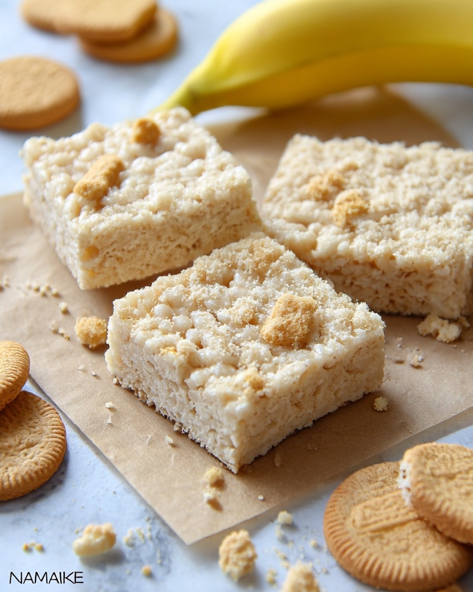 The image shows three square rice crispy treats with a light beige color and some crumbly texture on the surface, placed on light brown parchment paper. The treats have small pieces of crushed golden-brown cookies mixed in, giving a bit of a rough texture. Around the treats are whole and broken light brown cookies, and two whole yellow bananas rest in the background. The scene is set on a white marbled surface with some crumbs scattered around. photo taken with an iphone --ar 4:5 --v 7