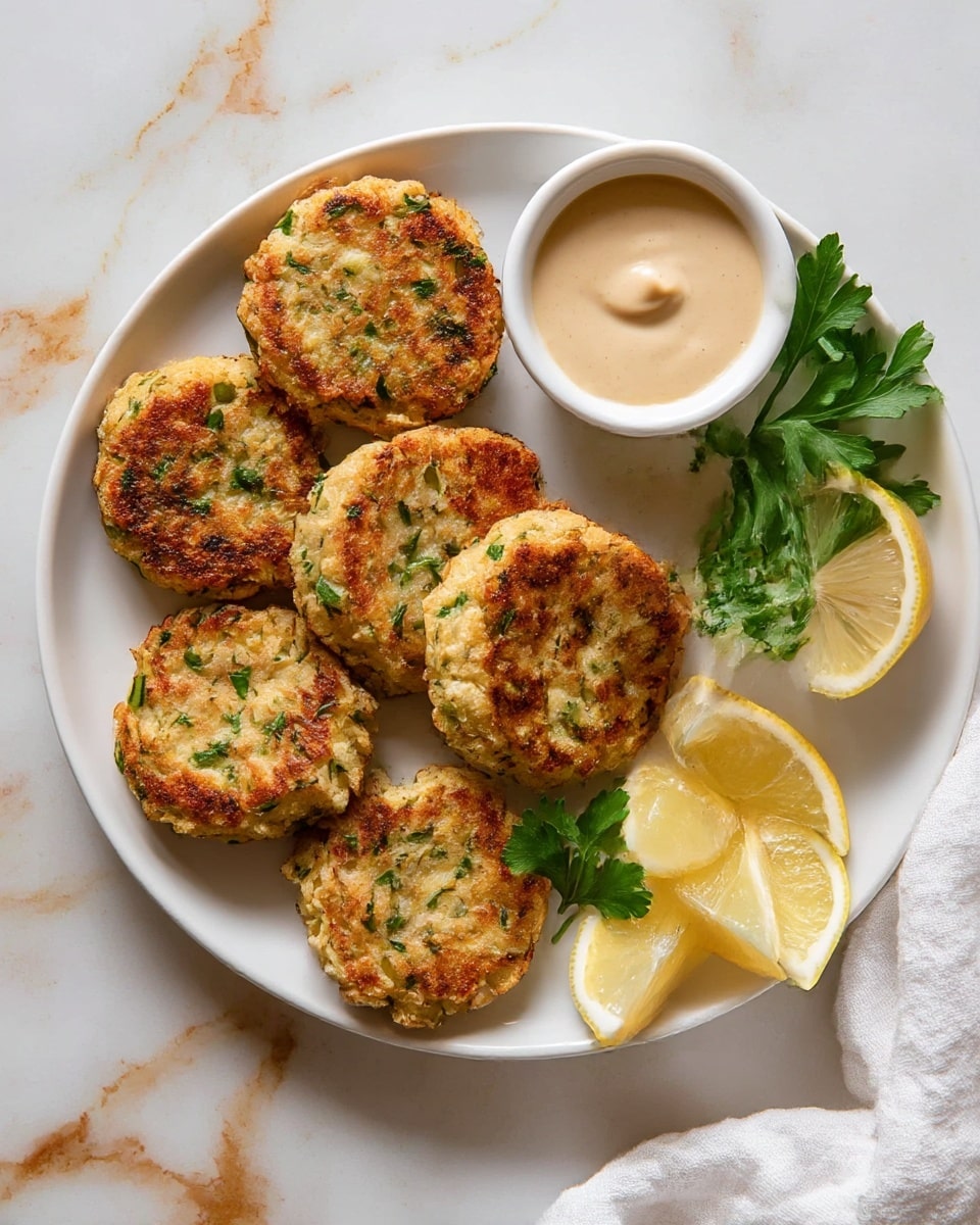 A white plate holds seven golden-brown patties arranged in a loose circular shape, each patty showing a slightly rough texture mixed with green herbs inside. At the top right of the plate, there is a small white bowl filled with creamy light beige sauce, next to two lemon wedges with bright yellow flesh and white pith. A sprig of fresh green parsley rests between the sauce bowl and patties. The plate is placed on a white marbled surface with soft brown and gold veining, and a white cloth napkin is partially visible on the lower right side. photo taken with an iphone --ar 4:5 --v 7