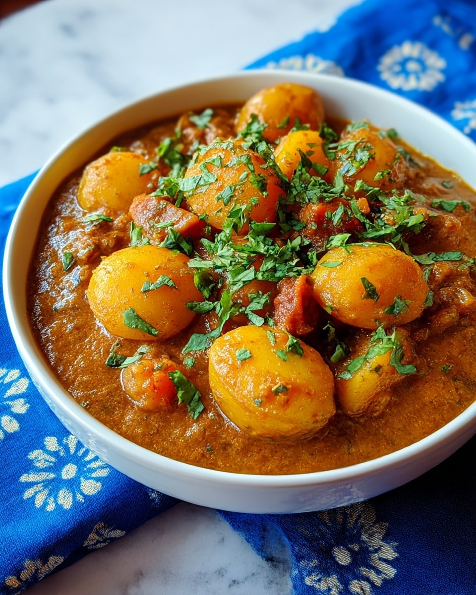A bowl filled with a thick curry showing three main layers: the bottom layer is a rich brown curry sauce with a smooth and slightly oily texture, the middle layer has medium-sized pieces of yellow potatoes, some cut in halves revealing a soft interior, and the top layer is sprinkled with chopped fresh green herbs, adding a fresh contrast to the warm colors. The bowl is white, round, and deep, placed on a blue cloth with white floral patterns, all set on a white marbled surface. photo taken with an iphone --ar 4:5 --v 7