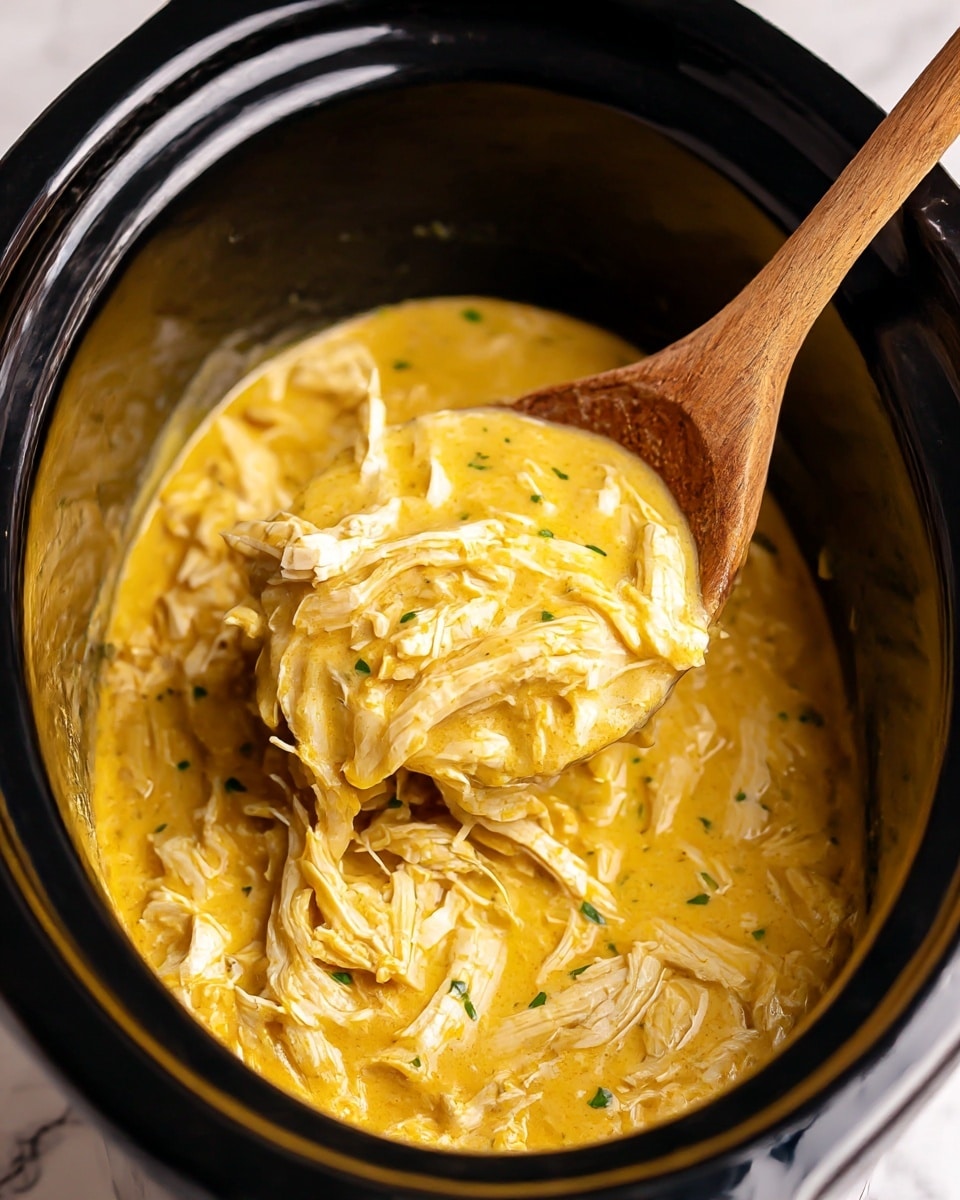 A white plate with ridged edges holds a base layer of creamy, white mashed potatoes with a soft, fluffy texture. On top, there is a thick layer of golden-yellow gravy covering pieces of shredded chicken, which have a tender and slightly fibrous texture. Small green parsley bits are sprinkled on the chicken and around the plate, adding a touch of color. In the background, there is a bunch of fresh green parsley slightly out of focus. The whole scene is set on a white marbled surface. photo taken with an iphone --ar 4:5 --v 7