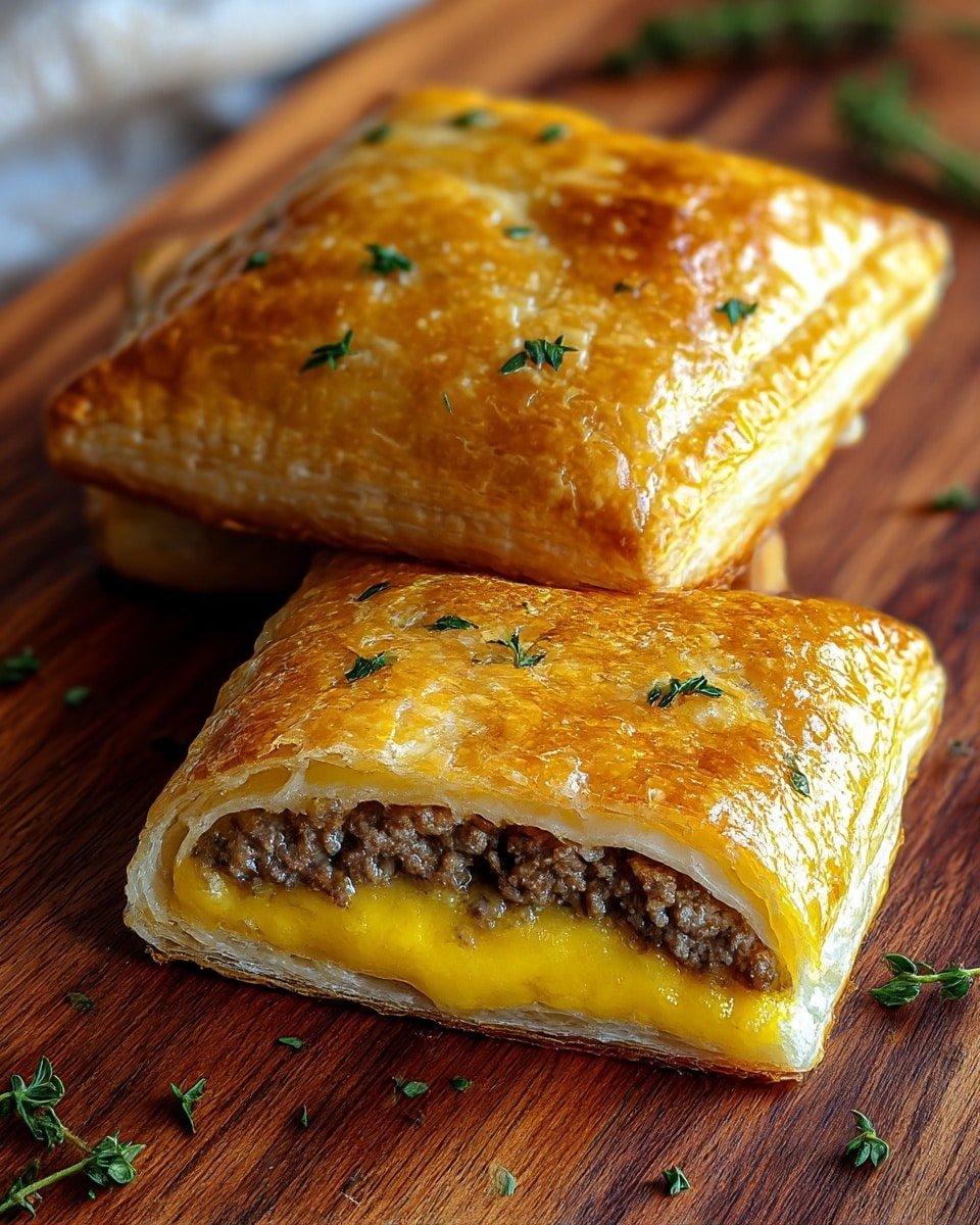 The image shows two square-shaped pastries with a golden-brown, flaky crust, each topped with small green herb leaves scattered across the surface. One pastry is whole and the other is cut open to reveal three layers inside: the top layer is bright yellow melted cheese, below it is a layer of browned cooked ground meat with a slightly glossy texture, and the bottom layer is a thin, light-colored pastry base. The pastries rest on a rich wooden surface with a few more herb leaves sprinkled around them. photo taken with an iphone --ar 4:5 --v 7