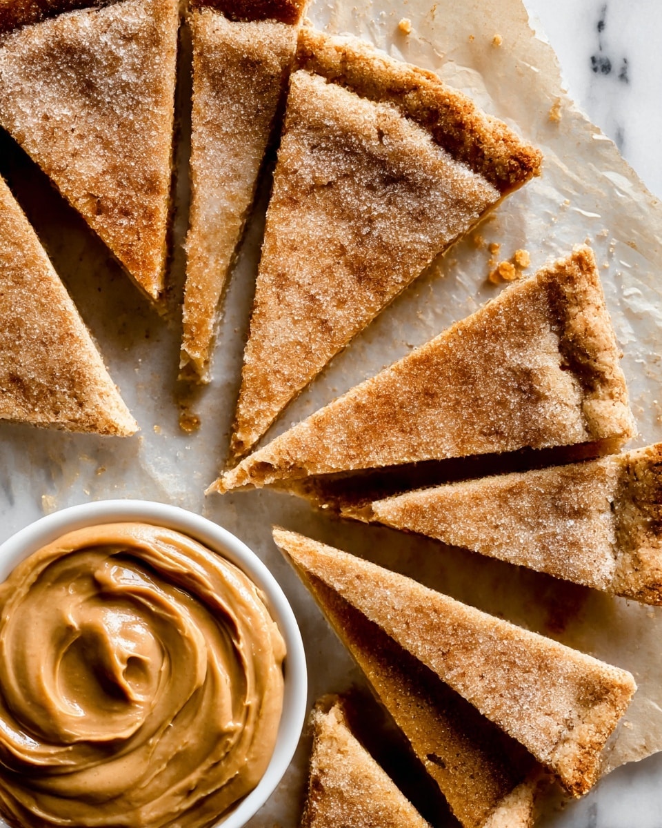 The image shows several triangular slices of a golden brown pie with a sugar-dusted top layer, arranged in a semi-circle on parchment paper. The pie crust looks crumbly and slightly cracked with a rough texture, and the edges are thicker and more browned. In the bottom left corner, there is a white bowl filled with creamy, smooth peanut butter that has a glossy surface with swirled patterns. The background is a white marbled texture. photo taken with an iphone --ar 4:5 --v 7