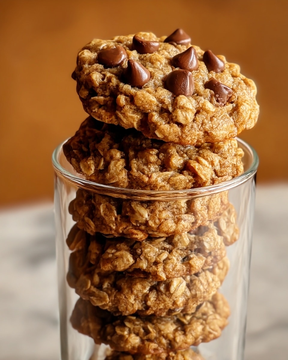 A stack of five oatmeal cookies with visible oats and several chocolate chips is placed inside a clear glass. The top cookie sits on the rim of the glass, showing a rough, slightly crumbly texture with golden-brown color and dark brown chocolate chips on top. Each cookie layer has a similar golden oat texture with occasional spots of lighter and darker browning along the edges. The background is softly blurred with warm brown tones, and the glass sits on a white marbled surface. photo taken with an iphone --ar 4:5 --v 7