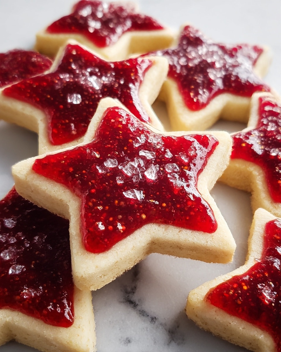The image shows multiple star-shaped shortbread cookies arranged on a white marbled surface. Each cookie has two layers: the bottom layer is a thick, pale beige shortbread base with a slightly crumbly texture, while the top layer is a bright, glossy red sugar plum jam spread evenly across the star's surface. The jam layer is thick enough to show small fruit seeds and is sprinkled with large, clear sugar crystals that catch the light, adding sparkle and texture. The cookies are closely grouped, with some overlapping in the background, emphasizing their star shape and festive look. photo taken with an iphone --ar 4:5 --v 7