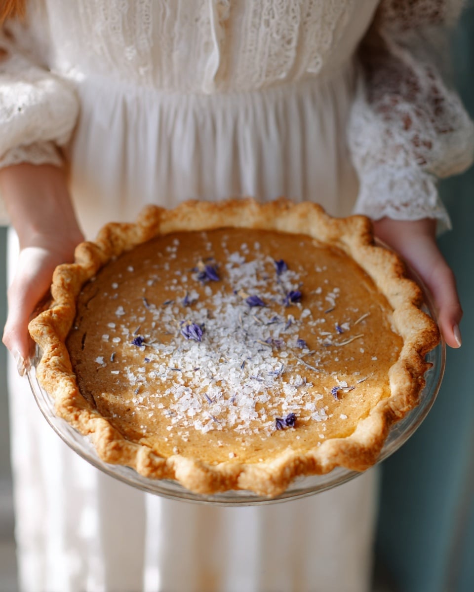 A golden brown pie with a thick, crimped crust sits in a clear glass pie dish held by a woman’s hand. The pie filling is smooth and light brown in color, topped with white flaky salt crystals and small purple flower petals scattered over the surface. The pie dish is held against a softly lit background, with the person's white lace dress adding delicate texture and light to the image. photo taken with an iphone --ar 4:5 --v 7