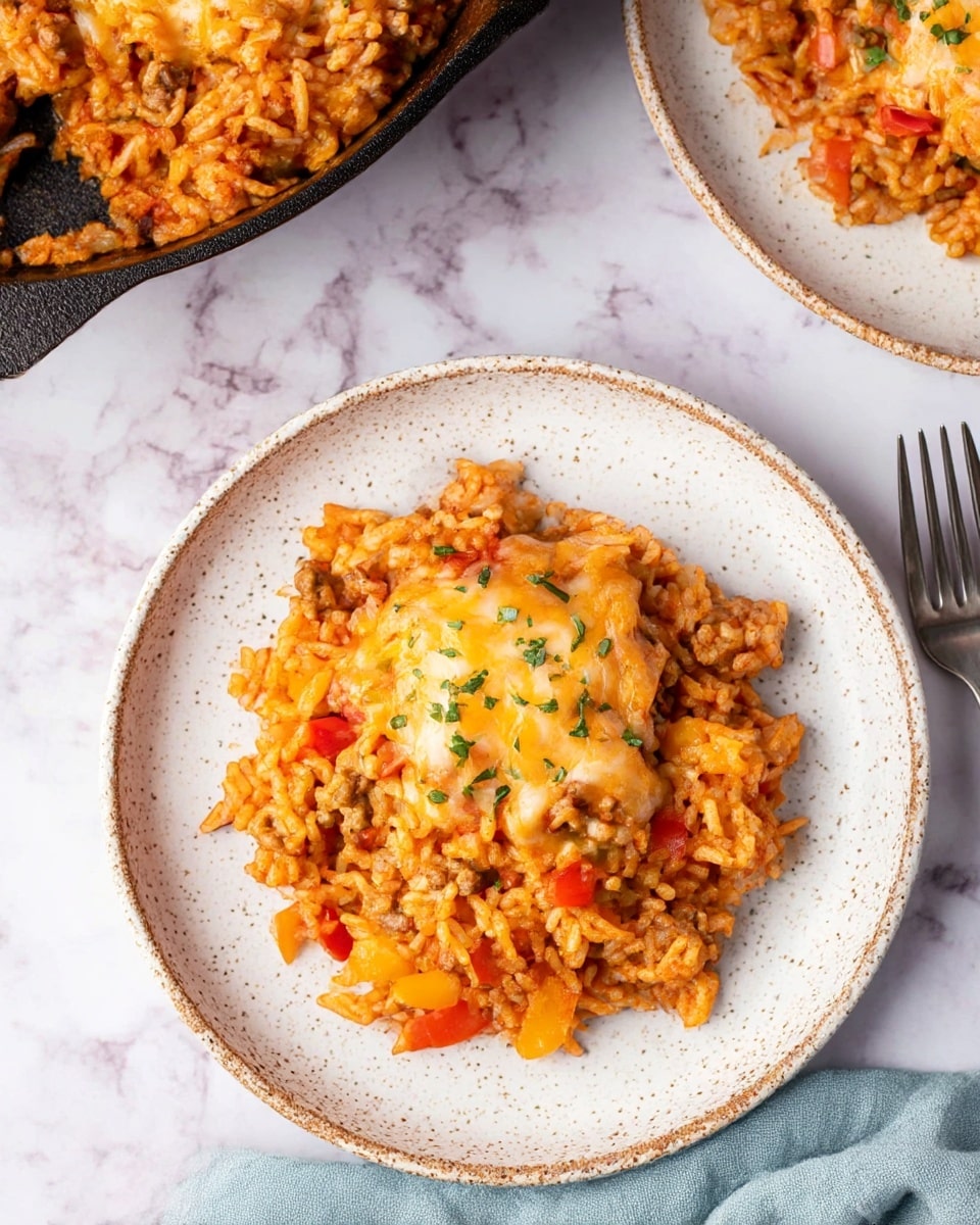 A round white speckled plate filled with a dish that has three main layers: the bottom layer is orange-red cooked rice mixed evenly with small pieces of red and yellow bell peppers and browned ground meat, the middle layer is more of the same mixture creating a thick base, and on top there is a melted, golden brown cheese layer with a slightly bubbly texture sprinkled with small green herb pieces; the plate is placed on a white marbled surface with parts of another similar plate and a black cast iron pan visible nearby, along with a silver fork and knife and a soft blue cloth in the corner. Photo taken with an iphone --ar 4:5 --v 7