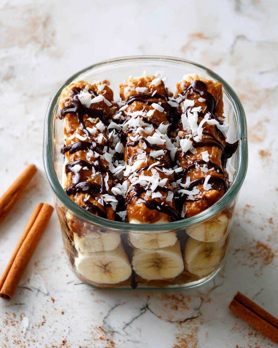 The image shows a clear glass container filled with several slices of a light beige fruit, likely banana, as the base layer. Each slice is topped with a thick, nutty brown spread that has a slightly chunky texture. Over the nut spread, there are dark brown chocolate drizzle lines creating a contrast with the lighter colors beneath. On top, white shredded coconut is sprinkled, adding a fine, flaky texture and a bright finish. The container sits on a surface with a white marbled texture, and some cinnamon sticks are nearby, giving a cozy feel. Photo taken with an iphone --ar 4:5 --v 7