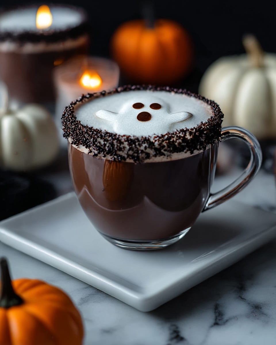 A clear glass cup filled with dark brown hot chocolate, topped with a white frothy layer featuring a ghost shape made of three brown dots for eyes and mouth, with the rim of the cup coated in sugary black and brown sprinkles. The cup sits on a white square plate placed on a white marbled surface, with blurred small pumpkins and a lit candle in the background, giving a warm and cozy feel. photo taken with an iphone --ar 4:5 --v 7