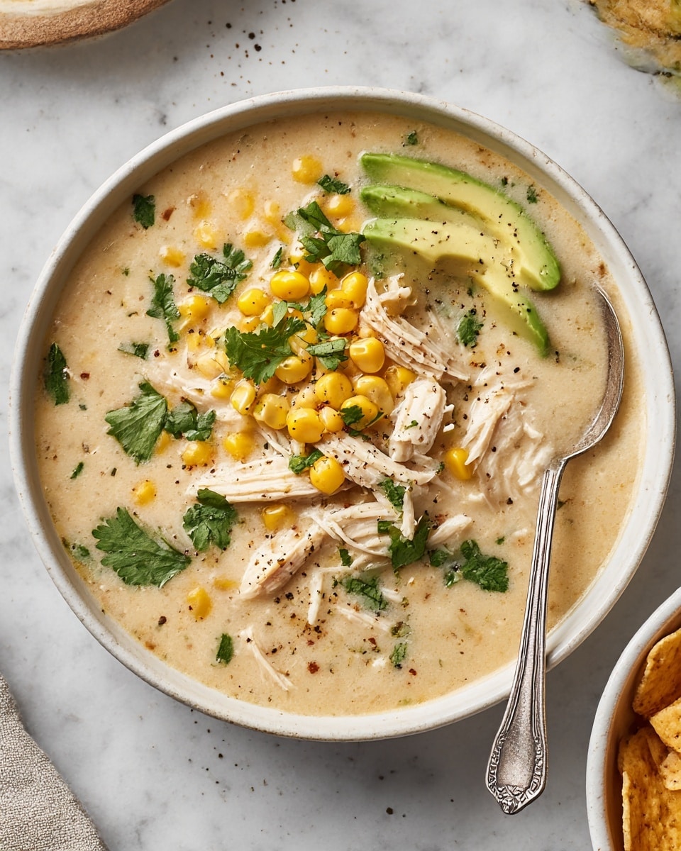 A white bowl set on a white marbled surface holds a creamy chicken soup with three main layers. The bottom layer is a thick, pale beige broth with a smooth texture. The middle layer consists of shredded white chicken pieces scattered evenly throughout the soup. The top layer features bright yellow corn kernels, fresh green cilantro leaves, and two small slices of light green avocado positioned on one side of the bowl. A vintage silver spoon with a detailed handle is partially submerged on the right side. Some black pepper is sprinkled over the soup, adding tiny dark specks. A corner of a white bowl with tortilla chips can be seen in the lower right corner of the image. photo taken with an iphone --ar 4:5 --v 7