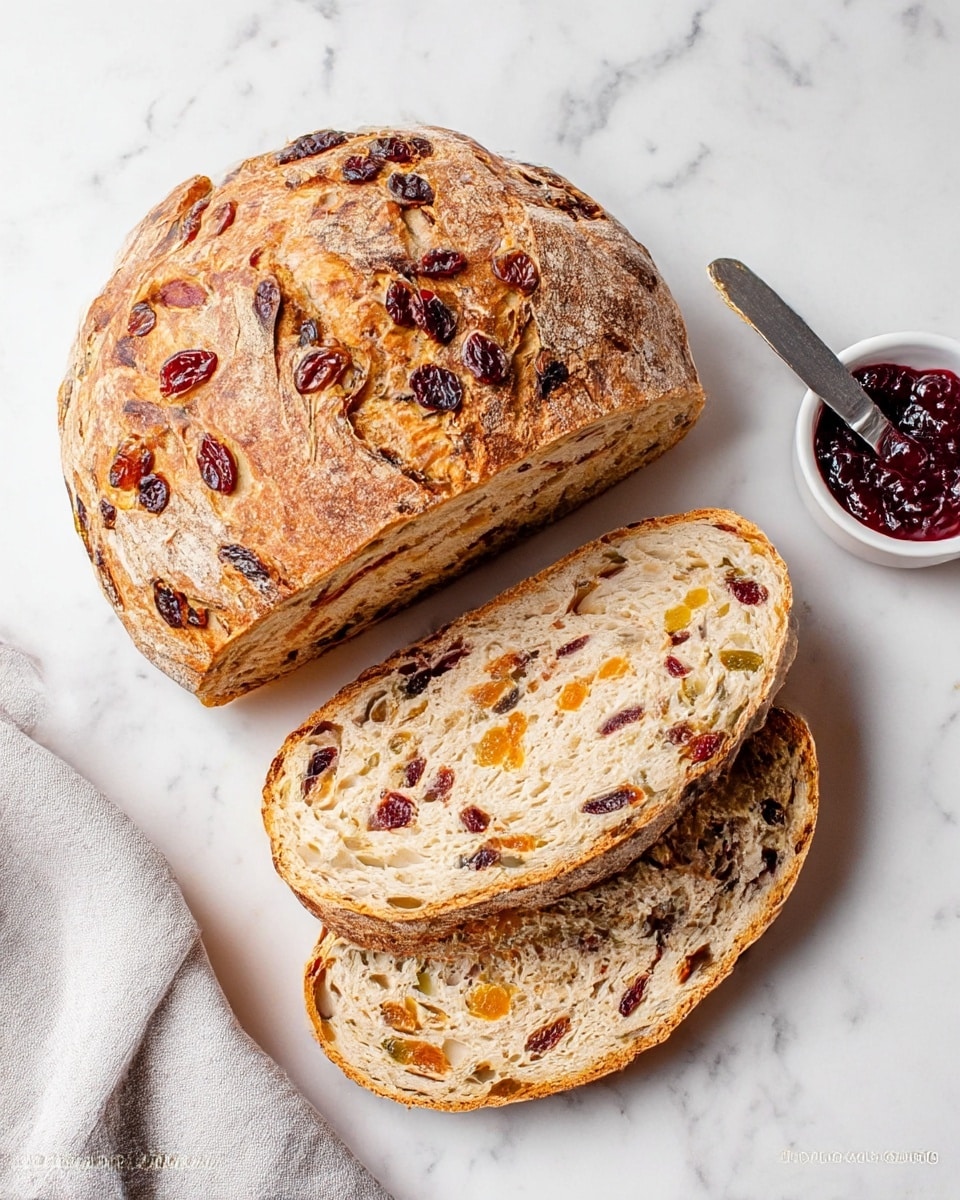 A round loaf of bread with a rough, brown crust, filled with visible pieces of dried fruit like raisins and cranberries, is placed on a white marbled surface. The loaf is partially sliced, showing four thick slices arranged in a fan shape in front of the loaf, each slice revealing a soft, light beige interior with colorful fruit bits scattered throughout. To the right of the bread, there is a small white bowl with dark red jam and a silver butter knife resting inside it. A light gray cloth is placed near the bottom left corner of the image. photo taken with an iphone --ar 4:5 --v 7