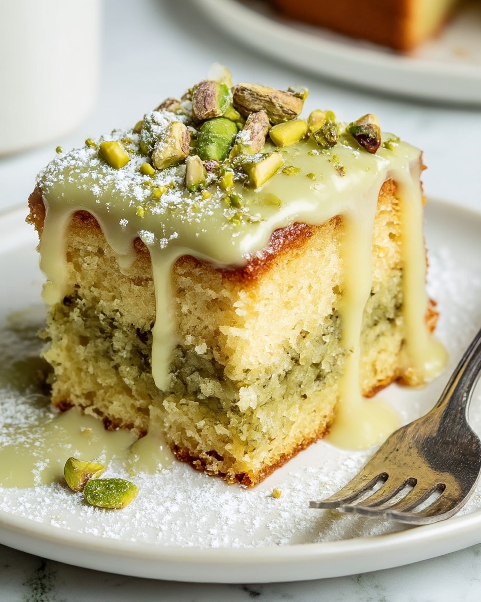 A close-up of a single square piece of cake on a white plate, showing three layers: a golden brown bottom layer, a middle layer with a moist greenish texture, and a top light golden crumbly layer. The cake is topped with a smooth, light green glaze that drips down the sides, sprinkled with chopped green pistachios and dusted lightly with white powdered sugar. The plate has some powdered sugar scattered around the cake, and a silver fork rests on the right edge of the plate. The background is a white marbled texture. Photo taken with an iphone --ar 4:5 --v 7