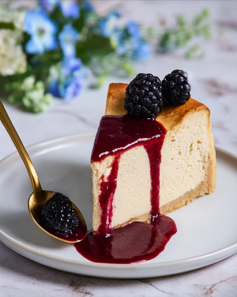A single slice of light beige cheesecake with a slightly browned top layer, sitting on a white plate. The cake has one main creamy layer with a smooth, dense texture. Deep red berry sauce covers the top and flows down the side, pooling at the base of the slice. Two whole blackberries, one on top and one on the side, add a dark purple-black color and textured surface to the dish. A gold spoon holds a piece of the cheesecake with some sauce on it, resting on the plate to the left of the slice. The background is a white marbled texture with soft-focus blue and green floral elements. Photo taken with an iphone --ar 4:5 --v 7