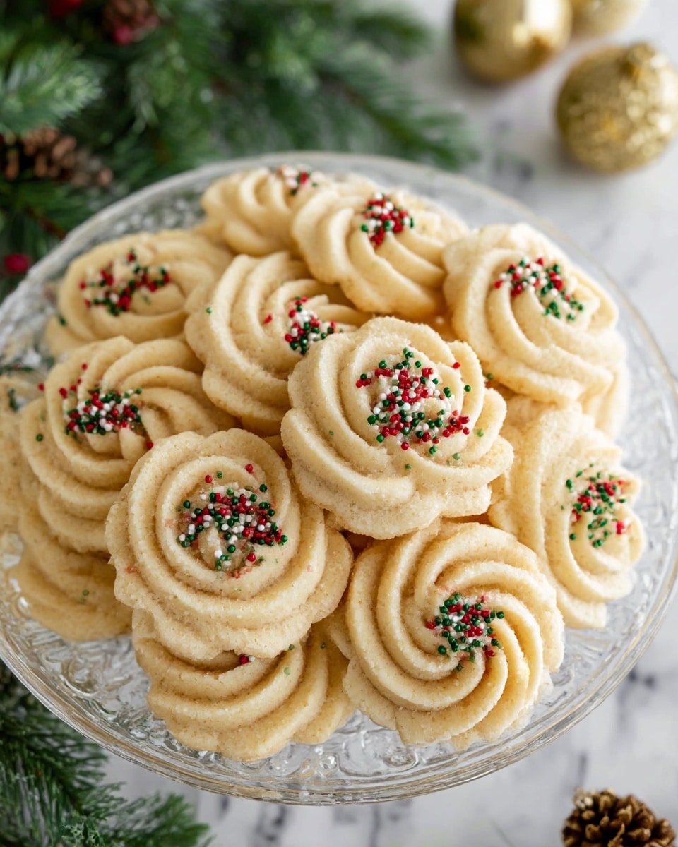 The image shows a clear glass plate filled with light beige, swirled butter cookies, each cookie having a flower-like shape with several soft ridges forming circular layers from the center outwards. Some cookies have small, round red, green, and white sprinkles scattered on the top surface, adding texture and color contrast to the smooth buttery texture. The plate is set on a white marbled surface with blurred green pine branches, pinecones, and golden ornaments in the background, enhancing the festive feel of the scene. photo taken with an iphone --ar 4:5 --v 7