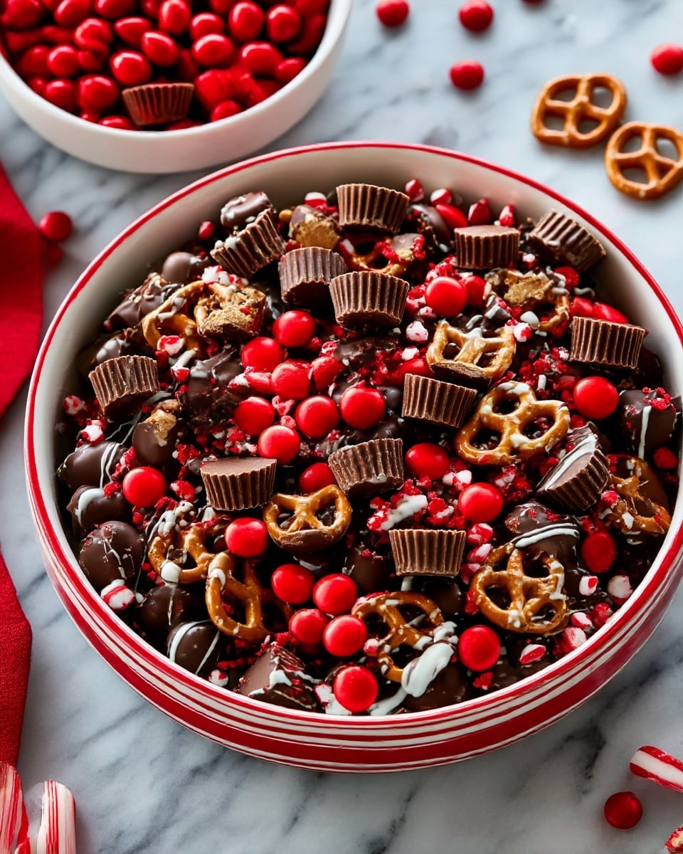 A round white bowl with red stripes around the edge is filled with layers of small chocolate-covered pretzels, some drizzled with white chocolate, and covered with bright red candy-coated chocolate pieces scattered throughout. Mini peanut butter cups sit on top in a loose but full arrangement, showing their light brown and textured ridged sides. The bowl is surrounded by a white bowl filled with more red candy pieces and a red-and-white striped item lying partly on a white marbled surface. photo taken with an iphone --ar 4:5 --v 7