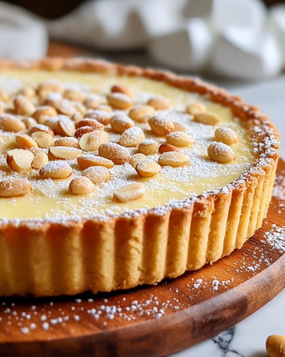 A close-up of a round tart with three visible layers: the bottom layer is a crumbly light brown crust, the middle layer is a smooth, thick cream filling in pale yellow, and the top layer is dusted with white powdered sugar and scattered with toasted pine nuts that have a light golden to brown color. The tart is on white parchment paper on a white marbled surface, and a slice has been cut out, showing the creamy filling and thick crust clearly. Photo taken with an iphone --ar 4:5 --v 7