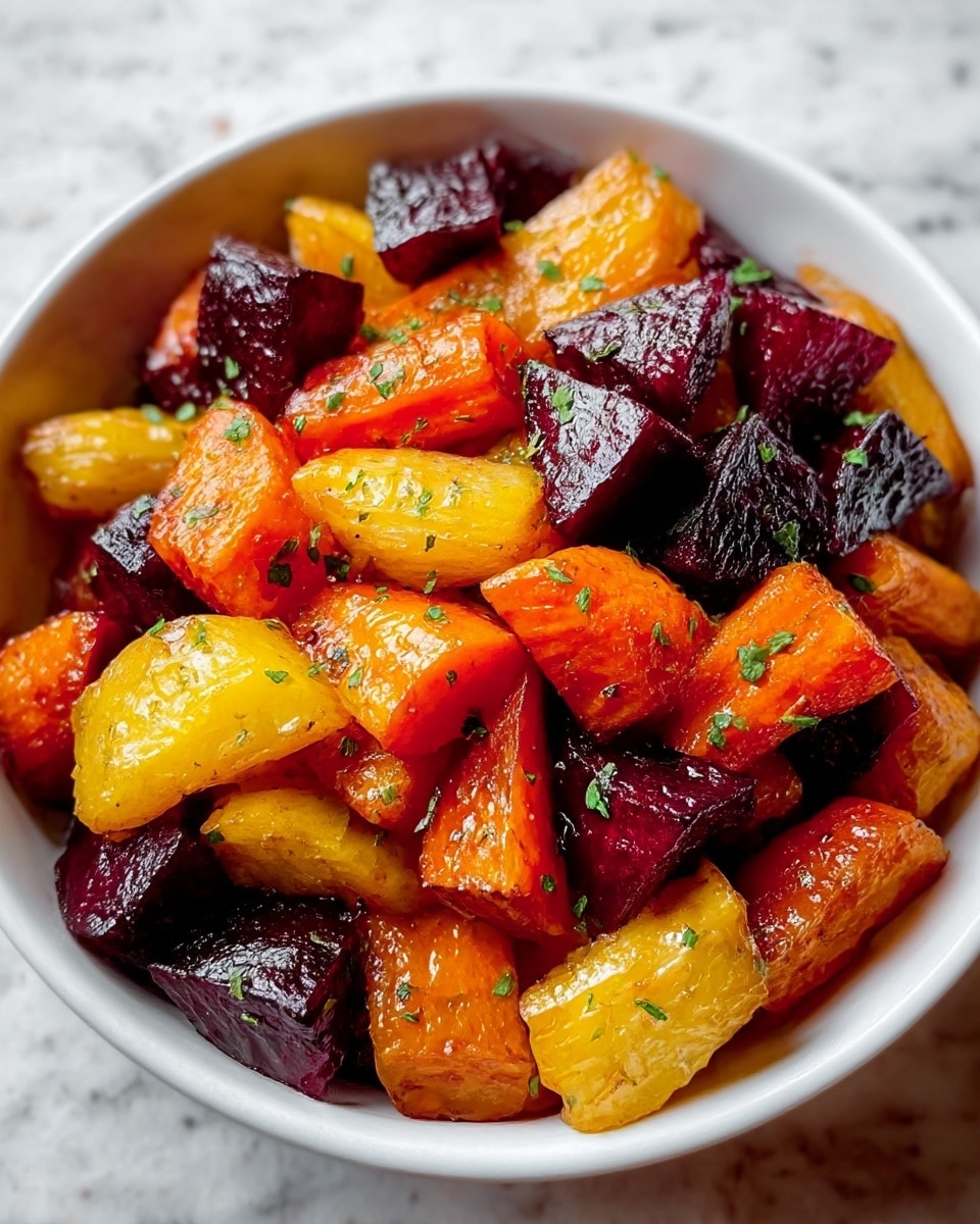 The image shows a white bowl filled with roasted vegetables, mainly consisting of three layers of different root vegetables. The bottom layer has golden-yellow roasted pieces with a slightly shiny surface, followed by a middle layer of bright orange roasted carrot chunks with a soft texture. The top layer is made up of deep purple roasted beetroot cubes with a glossy finish. The vegetables are mixed together and sprinkled with small green herb pieces evenly spread over the dish, adding a fresh touch. The bowl sits on a white marbled textured surface. photo taken with an iphone --ar 4:5 --v 7