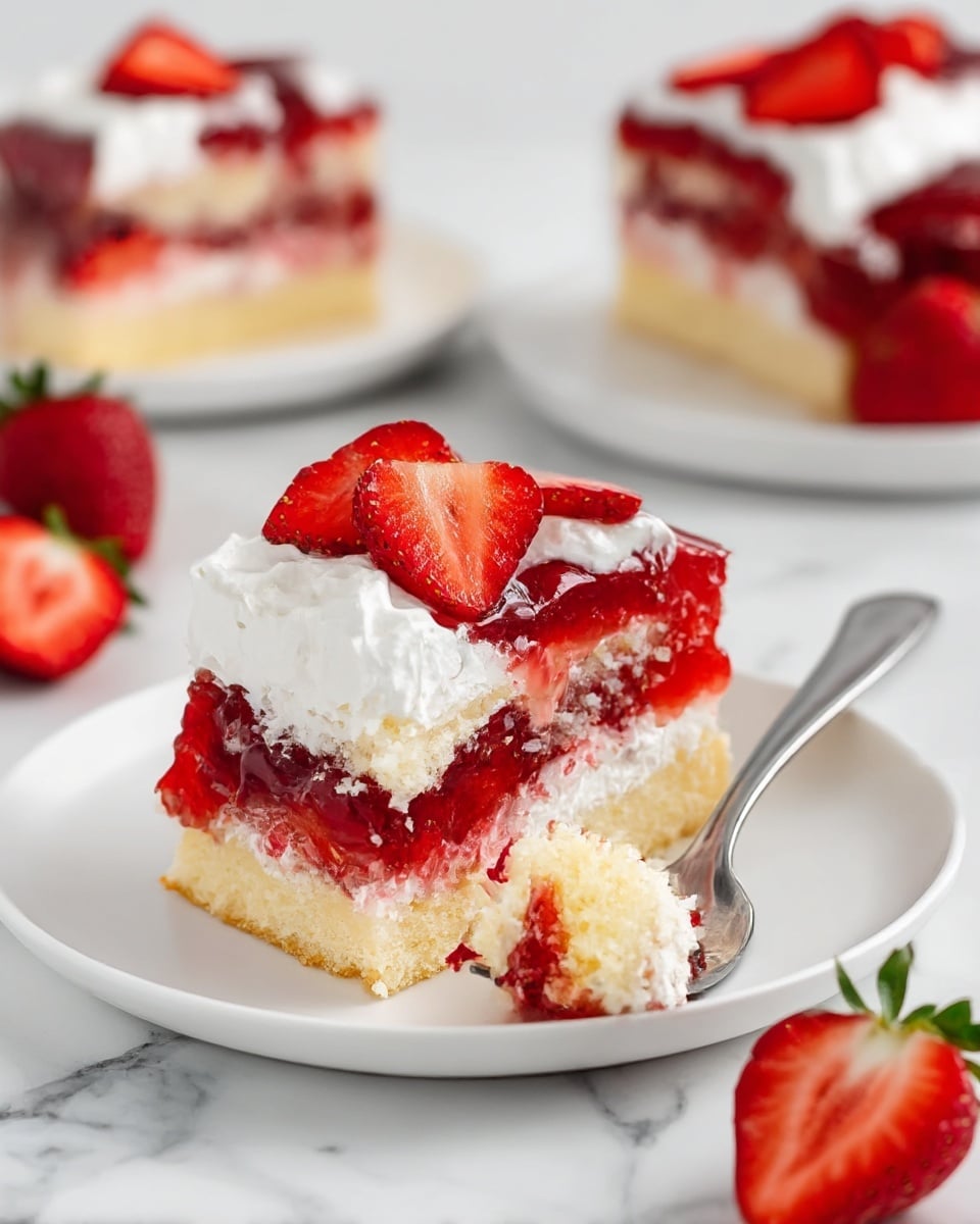 A slice of strawberry shortcake sits on a white plate, showing three main layers: a light yellow sponge cake base, a thick shiny red strawberry jelly layer in the middle with some fresh strawberry pieces mixed in, and a soft white whipped cream layer on top. Fresh red strawberry slices are scattered on the whipped cream, adding bright color and texture. A silver fork holds a bite-sized piece taken from the slice, resting on the plate near the cake. In the background, there are more slices of the cake and whole and halved strawberries, all placed on a white marbled surface. photo taken with an iphone --ar 4:5 --v 7