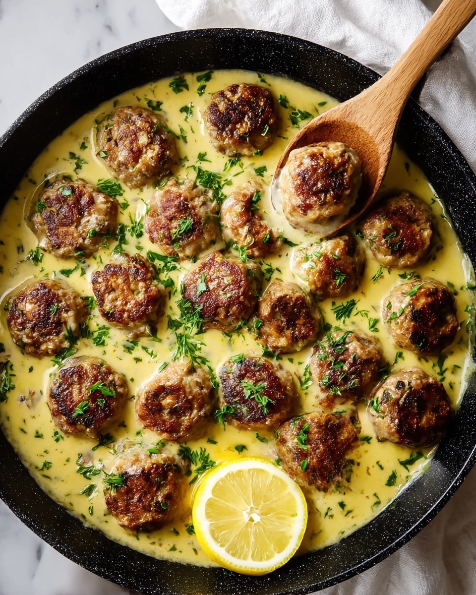 A skillet filled with about sixteen round meatballs, each browned on top to show a crispy texture, sitting in a creamy yellow sauce with green herbs sprinkled throughout. Two slices of bright yellow lemon rest on the creamy sauce near the edge of the skillet. A wooden spoon holds one meatball partially lifted from the sauce. The skillet itself is black with a speckled texture on the rim, placed on a white marbled surface with a white cloth partially visible beside it. photo taken with an iphone --ar 4:5 --v 7