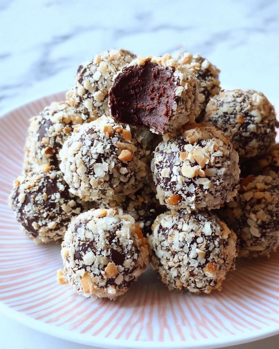 A plate full of round chocolate balls covered with crushed light-colored nuts, stacked closely together on a white plate with pink rays pattern; one chocolate ball on top has a bite taken out, showing the rich dark brown, moist interior texture. The background has a white marbled texture. photo taken with an iphone --ar 4:5 --v 7