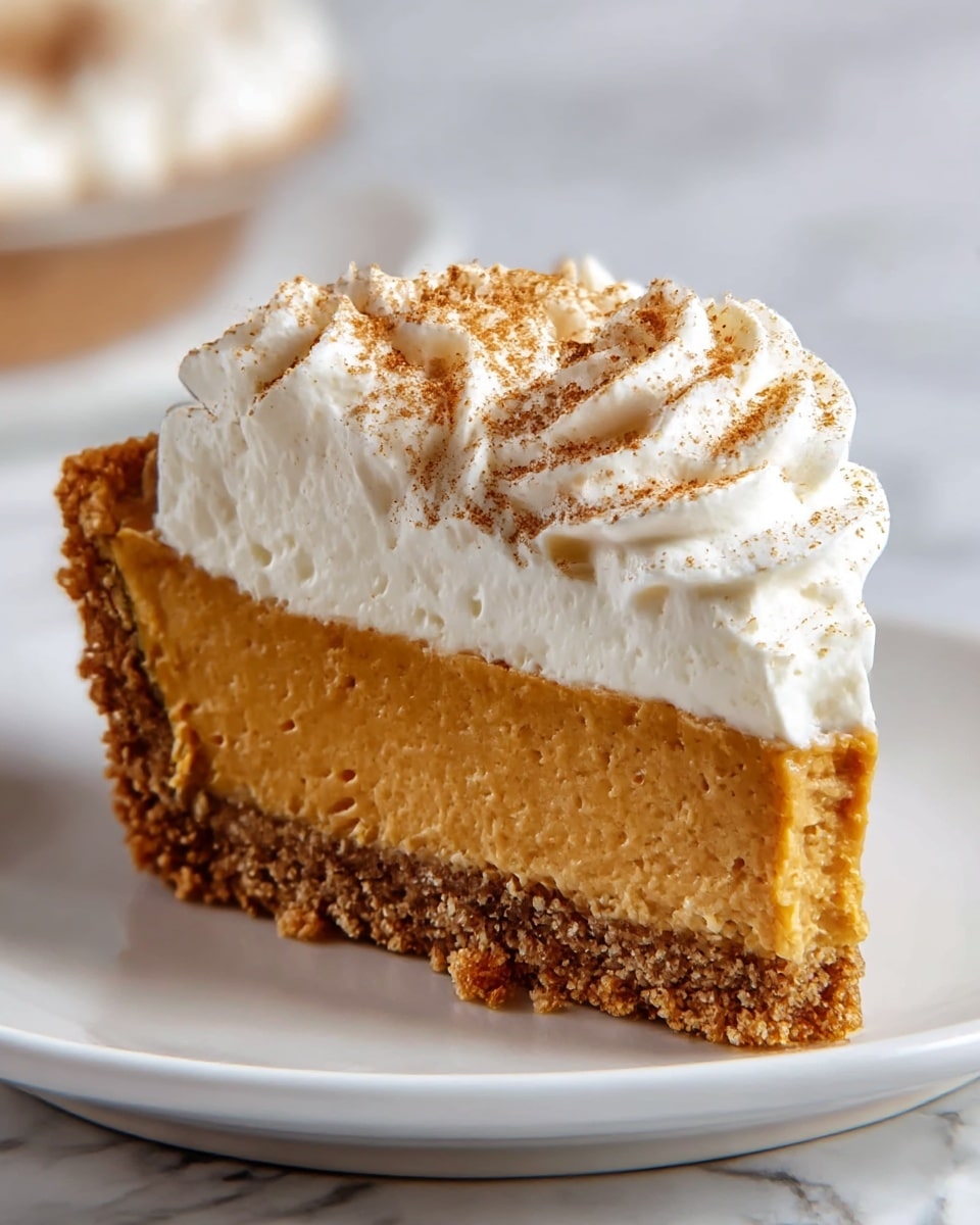 A slice of pumpkin pie with three clear layers sits on a white plate; the bottom layer is a crumbly, brown crust, the middle layer is a thick, smooth, orange pumpkin filling, and the top layer is a generous swirl of white whipped cream sprinkled with light brown cinnamon powder. The pie slice is centered and close-up, showing the texture of the filling and the crumbly crust clearly against a white marbled background. Photo taken with an iphone --ar 4:5 --v 7