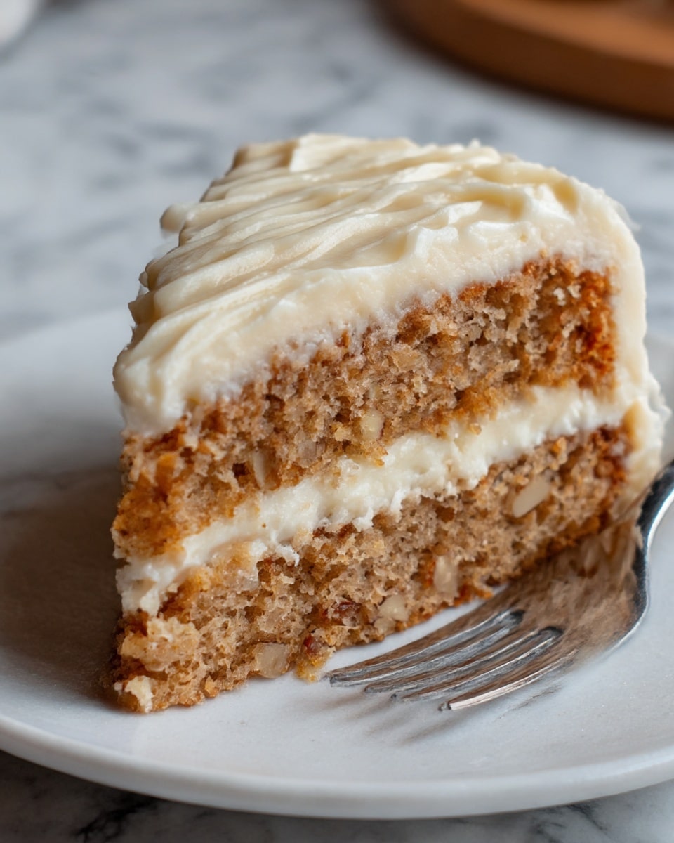 A slice of two-layer cake rests on a white plate above a white marbled surface. The bottom and top layers are light brown with a moist, slightly crumbly texture with visible tiny bits suggesting nuts or spices. Between the cake layers is a thick, smooth layer of white cream filling that looks dense and rich. The top of the cake is covered with a thick, creamy white frosting that is textured with soft, wavy lines running across it. Part of a silver fork is visible on the edge of the plate. photo taken with an iphone --ar 4:5 --v 7
