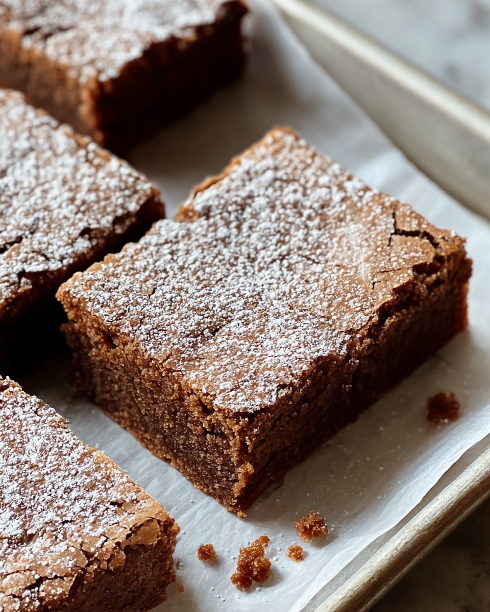 Four square pieces of chocolate brownies in a square baking pan lined with parchment paper. Each brownie has a rich dark brown color with a slightly cracked, shiny top layer dusted lightly with white powdered sugar. The brownies look thick with a dense, moist texture. The background shows parts of white plates and pine sprigs, all set on a white marbled surface. Photo taken with an iphone --ar 4:5 --v 7