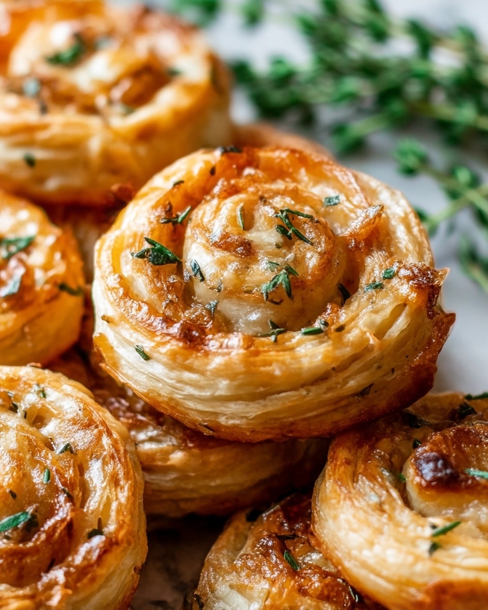 A close-up of several golden brown puff pastry pinwheels stacked closely together, each pinwheel showing multiple thin, flaky layers with melted cheese baked in between, topped with small bits of green herbs scattered over the surface. The pinwheels have a crispy, slightly shiny texture with some darker caramelized spots. In the background, out of focus, there are fresh green herb sprigs lying on a white marbled texture. Photo taken with an iphone --ar 4:5 --v 7