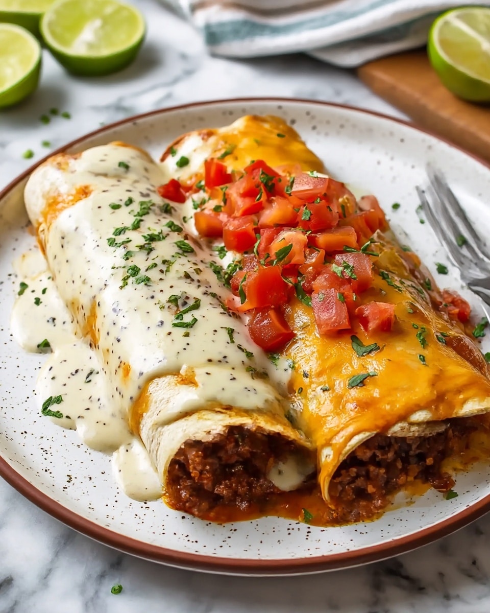 Two rolled enchiladas are placed side by side on a white speckled plate with a thin brown rim. The enchiladas have a soft, slightly browned tortilla layer filled with a dark ground meat and vegetable mix visible at the ends. They are topped with two thick sauces: a creamy white sauce with black pepper flecks that covers the bottom half, and a rich orange sauce covering the top half. Diced bright red tomatoes and chopped green herbs are scattered on top, adding color and texture. The plate rests on a white marbled surface with blurred lime halves and a striped cloth in the background. Photo taken with an iphone --ar 4:5 --v 7