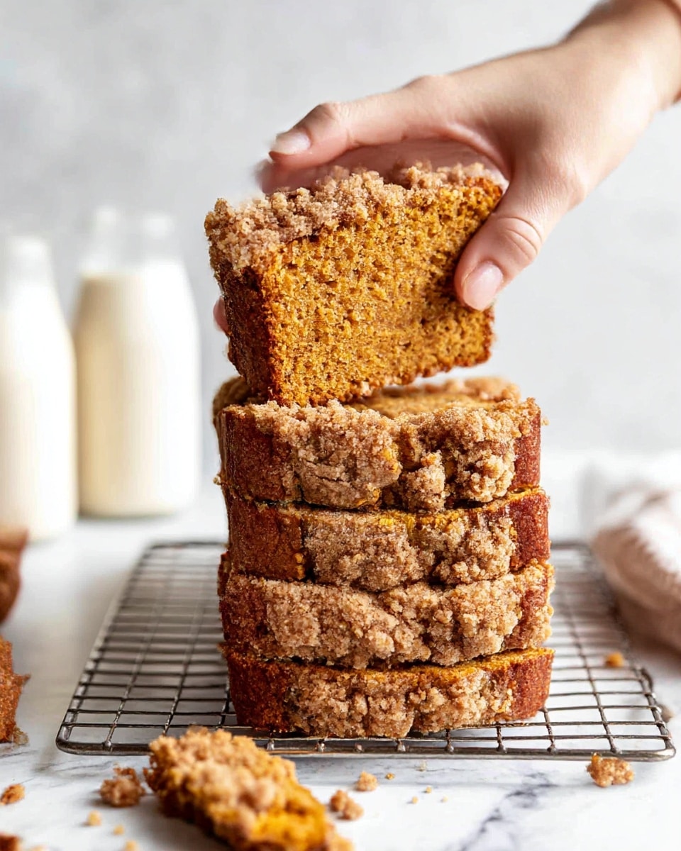 A stack of four thick slices of pumpkin bread with a crumbly streusel topping is shown on a small wire rack set over a white marble surface. Each slice has a deep orange-brown color and a rough, crunchy looking light brown streusel layer around the edges. A woman's hand is lifting the top slice, showing the soft, moist texture inside. Crumbs are scattered on the white marble surface and some are falling from the bread. In the blurred background, two white bottles filled with a light beige drink can be seen. photo taken with an iphone --ar 4:5 --v 7