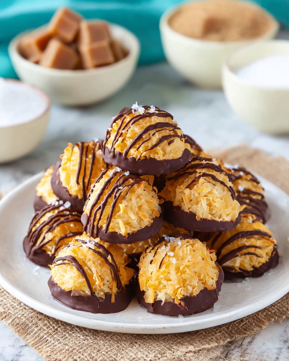 The image shows a white plate filled with a pile of stacked coconut macaroons. Each macaroon has three visible layers: the main layer is golden yellow shredded coconut, rough and textured, forming a rounded mound; the bottom layer is a dark brown chocolate coating that covers the base of each macaroon; and the top layer is a drizzle of dark brown chocolate in thin lines across the golden coconut. A few white flakes, likely sea salt, sprinkle some of the macaroons' tops. The plate sits on a piece of burlap over a white marbled texture. In the background, there are two pale white bowls, one filled with brown sugar cubes and the other with white granulated sugar. Photo taken with an iphone --ar 4:5 --v 7