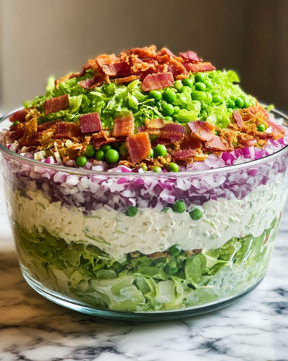 A clear glass bowl holds a multi-layer salad placed on a white marbled surface. The bottom layer is light green chopped lettuce mixed with a creamy white dressing, followed by another similar layer of pale green lettuce and white dressing. Above that is a layer of chopped red onions mixed in the white dressing, creating a pinkish-white band. Next is a vibrant layer of green peas and shredded green lettuce, topped with small chunks of reddish-brown bacon and crispy brown breadcrumbs as the final layer. The bowl is filled to the top, showing all layers clearly. Photo taken with an iphone --ar 4:5 --v 7
