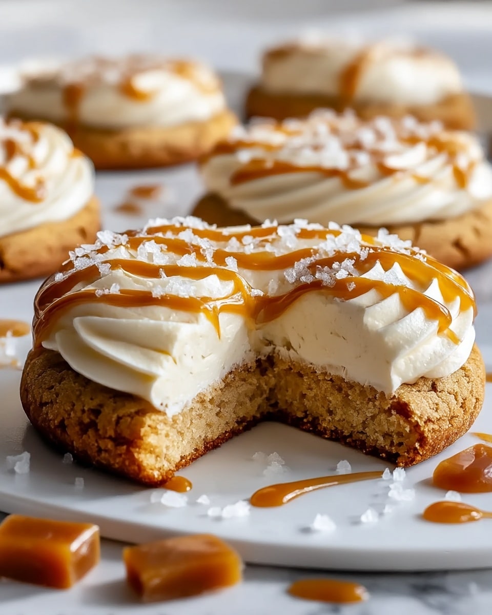 A close-up view of a cookie base with a rough and crumbly texture in a golden brown color, topped by a thick layer of creamy white frosting with smooth swirls. The frosting is decorated with a shiny caramel drizzle forming wavy lines across the surface. Coarse white sugar crystals scatter over the caramel and frosting, adding a crunchy detail. The cookie has a section cut out, showing its thick, soft middle with a slightly darker baked bottom. The cookies rest on a white plate on a white marbled surface, with caramel drops and sugar crystals around. Photo taken with an iphone --ar 4:5 --v 7