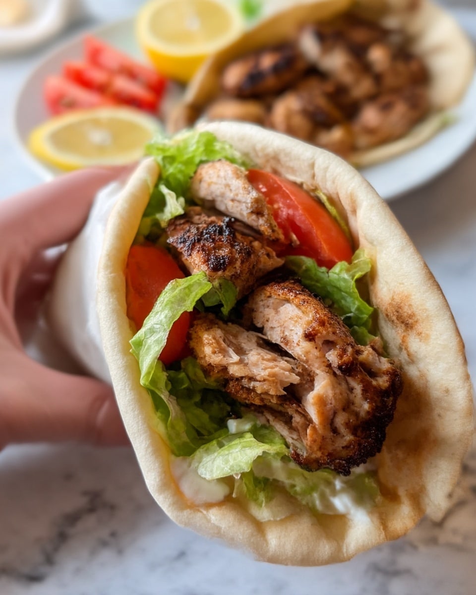 A close-up of a flat pita bread wrap held by a woman's hand, layered with grilled chicken pieces showing a slightly charred, browned texture, fresh green lettuce, and bright red tomato slices near the top. The inside of the pita is soft and white, gently folded around the filling. In the blurred background, there is a white plate on a white marbled surface holding more grilled chicken pieces, a lemon slice, and some extra tomato wedges, all adding warm and vibrant colors to the scene. Photo taken with an iphone --ar 4:5 --v 7