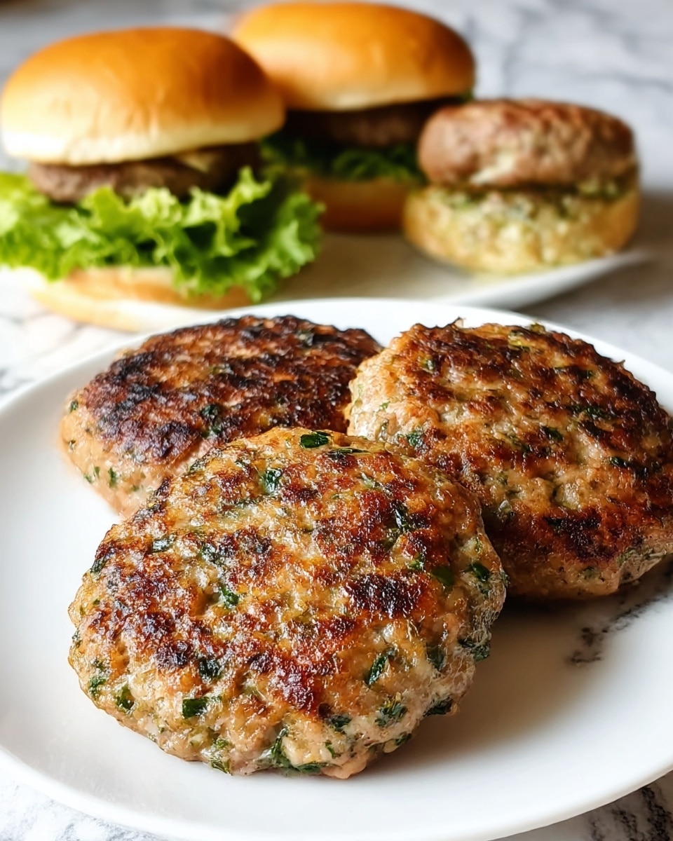 The image shows three grilled burger patties with a browned, slightly crispy surface mixed with green herbs, placed on a white plate. Behind the patties, there are three simple burgers arranged in a row, each with a soft, light brown bun and visible layers of green lettuce and a light-colored sauce. The plate sits on a white marbled surface. The overall scene gives a fresh and homemade feel, with the food taking up most of the frame. photo taken with an iphone --ar 4:5 --v 7