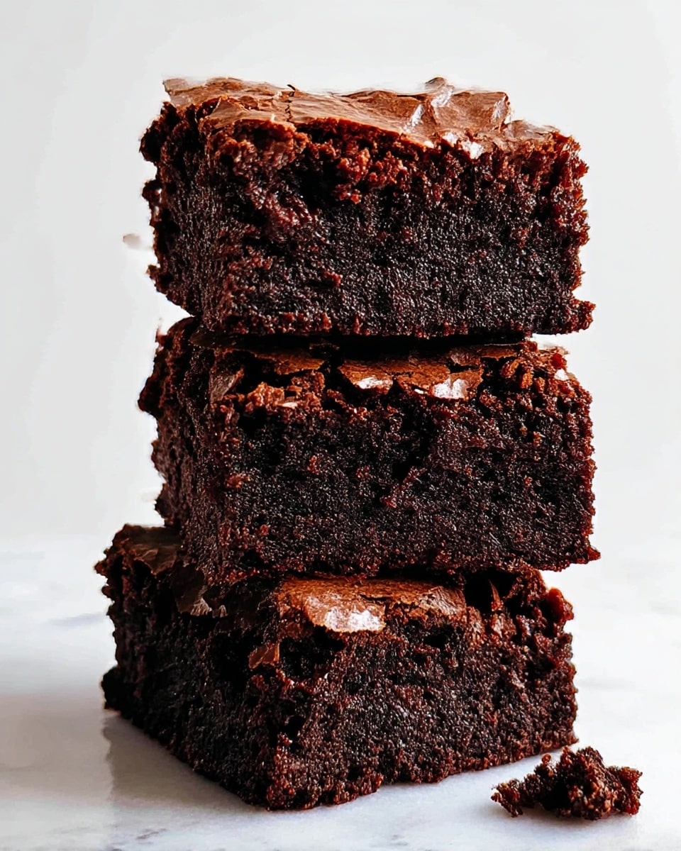 A stack of three thick brownie squares is shown, each layer dark brown with a rich, dense, and slightly crumbly texture. The top of each brownie has a cracked, shiny crust that looks crisp and contrasts with the moist interior. The brownies are neatly piled on a white marbled surface, with a small crumb fallen on the side. The background is plain and light, making the deep chocolate color stand out. photo taken with an iphone --ar 4:5 --v 7