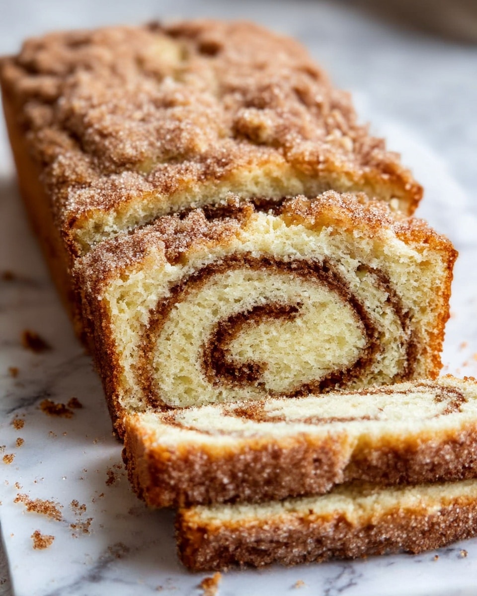 A loaf cake is shown with a thick, crumbly topping that is golden brown and sprinkled with sugar. It has multiple slices cut from the front; each slice shows a soft, light yellow cake with a visible swirl of cinnamon sugar running through the middle in a spiral pattern. The cake layers look moist with a slightly rough texture. The loaf rests on a white marbled surface with some crumbs scattered around it. The crust at the bottom appears darker brown and slightly crispy. photo taken with an iphone --ar 4:5 --v 7