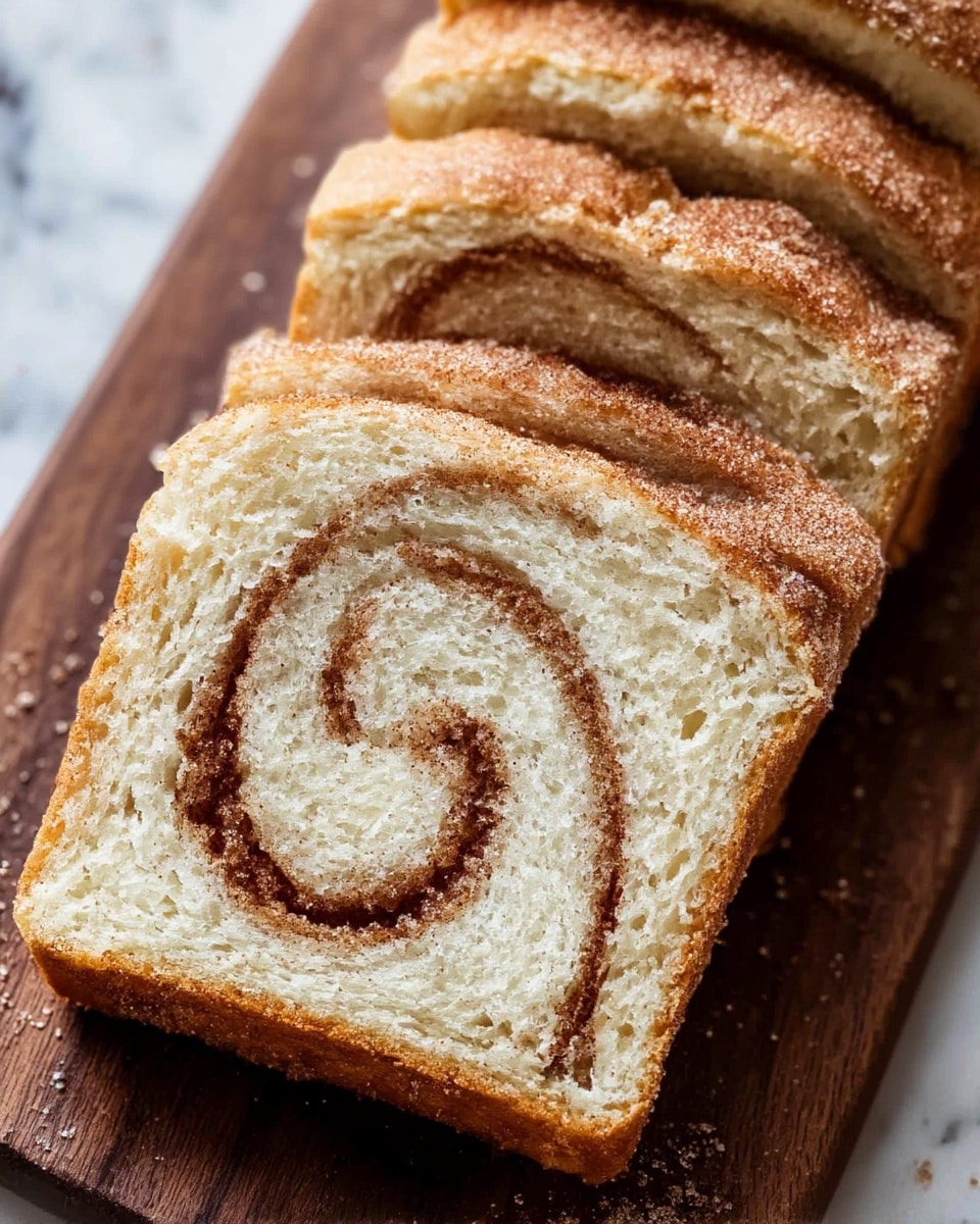 A close-up view of several slices of cinnamon swirl bread, arranged in a row on a dark wooden board over a white marbled texture surface. Each slice shows a light golden-brown crust with a soft, spongy, off-white inside. The bread features a distinct spiral of cinnamon sugar in the center, with a dusting of cinnamon sugar powder sprinkled on top and around the edges. The texture of the bread looks moist and fluffy with a slightly rough cinnamon sugar topping. photo taken with an iphone --ar 4:5 --v 7