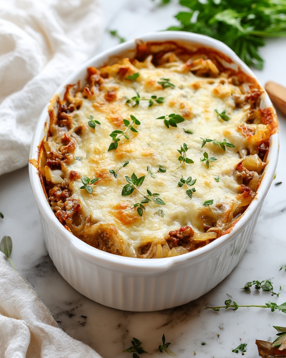 A baked casserole dish in a white oval ceramic baking dish, filled with at least two layers visible: the bottom layer consists of cooked ground meat mixed with caramelized onions in a light brown color, topped with a thick layer of melted cheese that is golden and bubbly with crispy browned edges; small sprigs of fresh green herbs are scattered on top for decoration. The dish is set on a white marbled surface with some fresh green herbs nearby and a white cloth on the side. Photo taken with an iphone --ar 4:5 --v 7