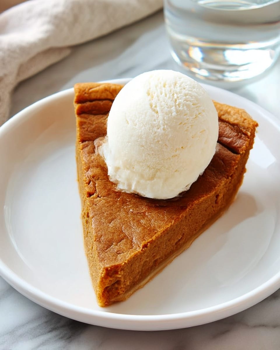 A single large triangular slice of pumpkin pie with a rich, brown, slightly cracked and textured surface sits centered on a white round plate; on top of the pie slice is a smooth, round scoop of white vanilla ice cream with visible creamy ridges and small air pockets. The plate rests on a white marbled surface with a soft fabric underneath and a glass of water with light reflections is partially visible in the background. photo taken with an iphone --ar 4:5 --v 7