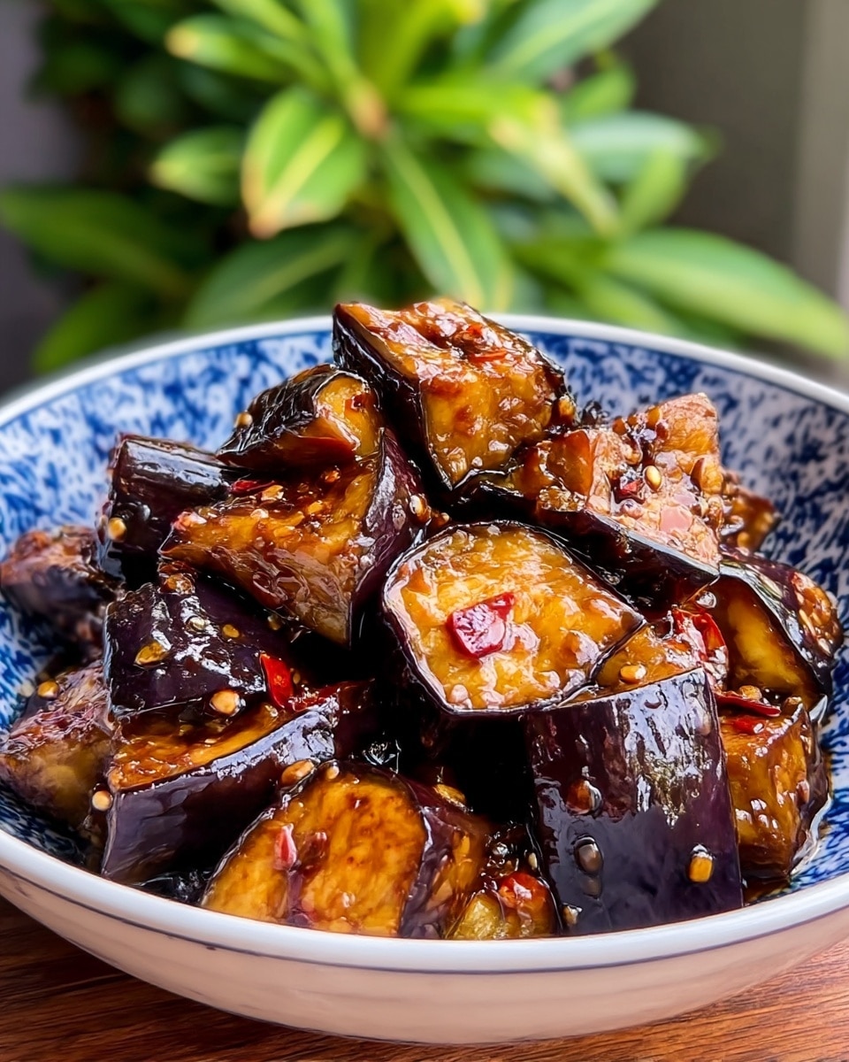 A white bowl with blue patterns holds pieces of cooked eggplant cut into thick chunks. Each piece shows a mix of dark purple skin and soft brownish-orange cooked inside, with a shiny glaze of dark sauce covering them. Small bits of chili flakes and seeds stick to the eggplant, adding a speckled texture. The bowl is set on a wooden surface with a blurred green background showing plants. photo taken with an iphone --ar 4:5 --v 7